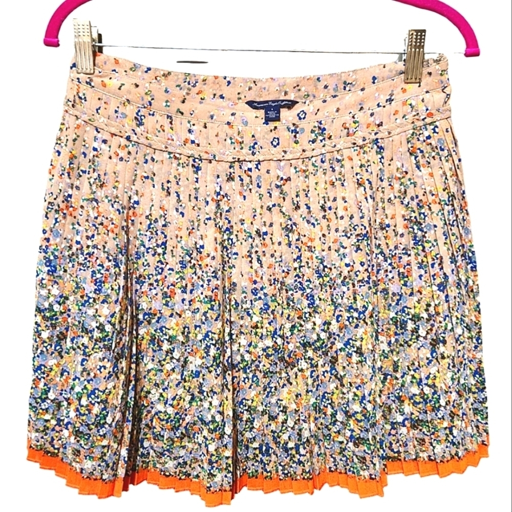 Y2K American Eagle Boho Floral Miniskirt Pleated Tiered Flare Zip-Up Size 4 - Picture 2 of 10